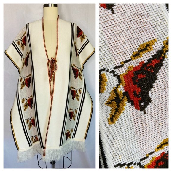 Vintage Jackets & Blazers - Vintage 70s Coachella Bird Poncho Knit Cape One Size Hippy Festival Bohemian